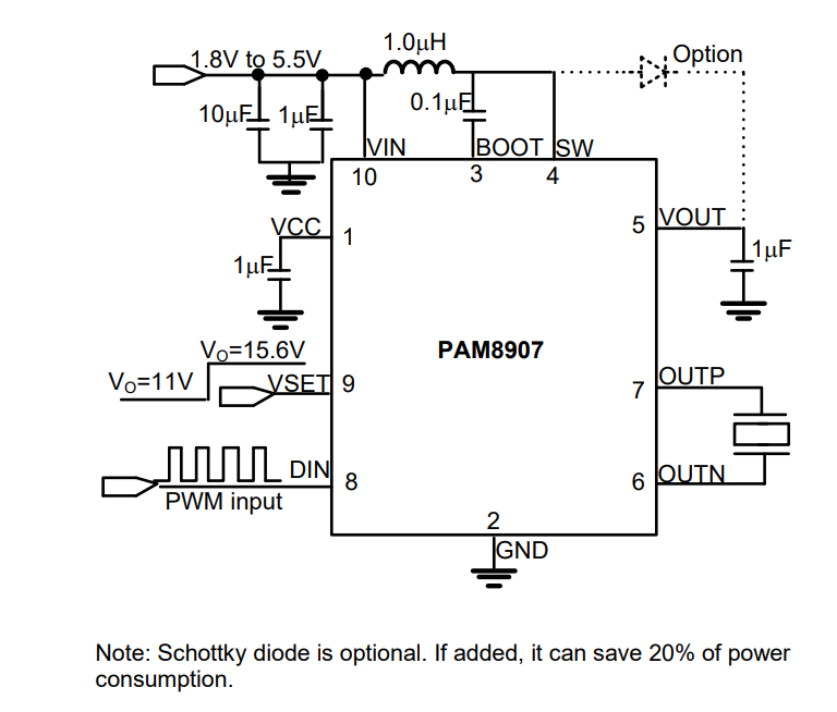 Applikations-Schaltungsdiagramm - Diodes Incorporated PAM8907 Piezo-Sounder-Treiber mit 31-VPP-Ausgang 